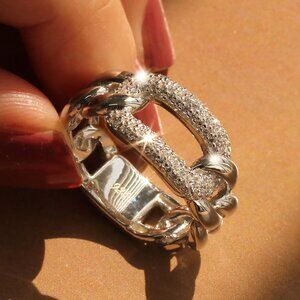 Sparkling Chain Link Statement Ring | 10 mm CZ Pavé & Curb Chain Band in Sterlin